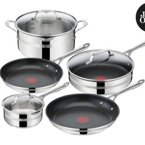 Набор посуды Jamie Oliver Cook Smart 8 предметов E310S874  Tefal Фиксированная Сковороды 24/28 см, кастрюля 24 см, ковш 16 см, сотейник 25 см Нержавеющая сталь 2 года  Стальной