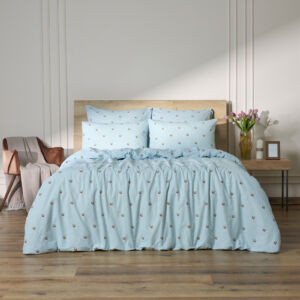 Постельное белье Вишневая полоска/Cherry stripe Голубой Двуспальный Поплин CozyHome